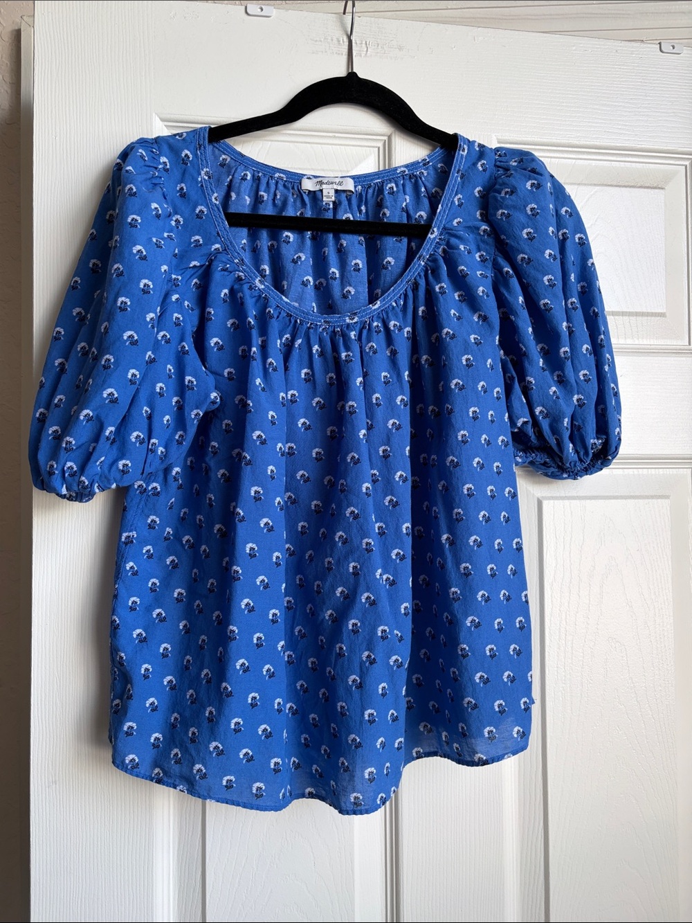 Madewell Cobalt Blue Puff-Sleeve Shirred Scoop-neck Top
